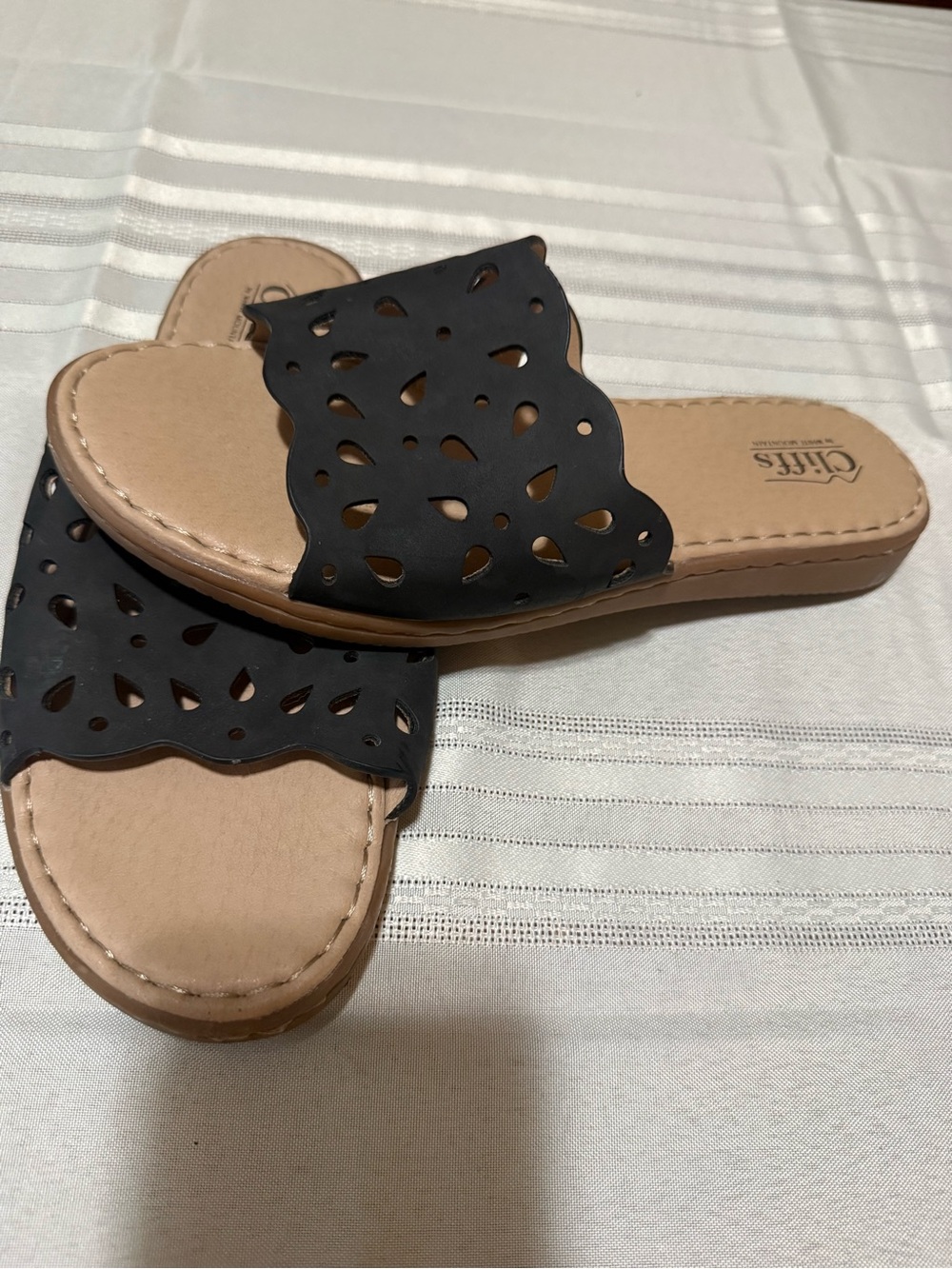 White Mountain Black Scalloped Laser-Cut Slide Sandals